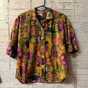 Vintage Cabrais Floral Button Down Blouse Large 90s Tropical Cottagecore